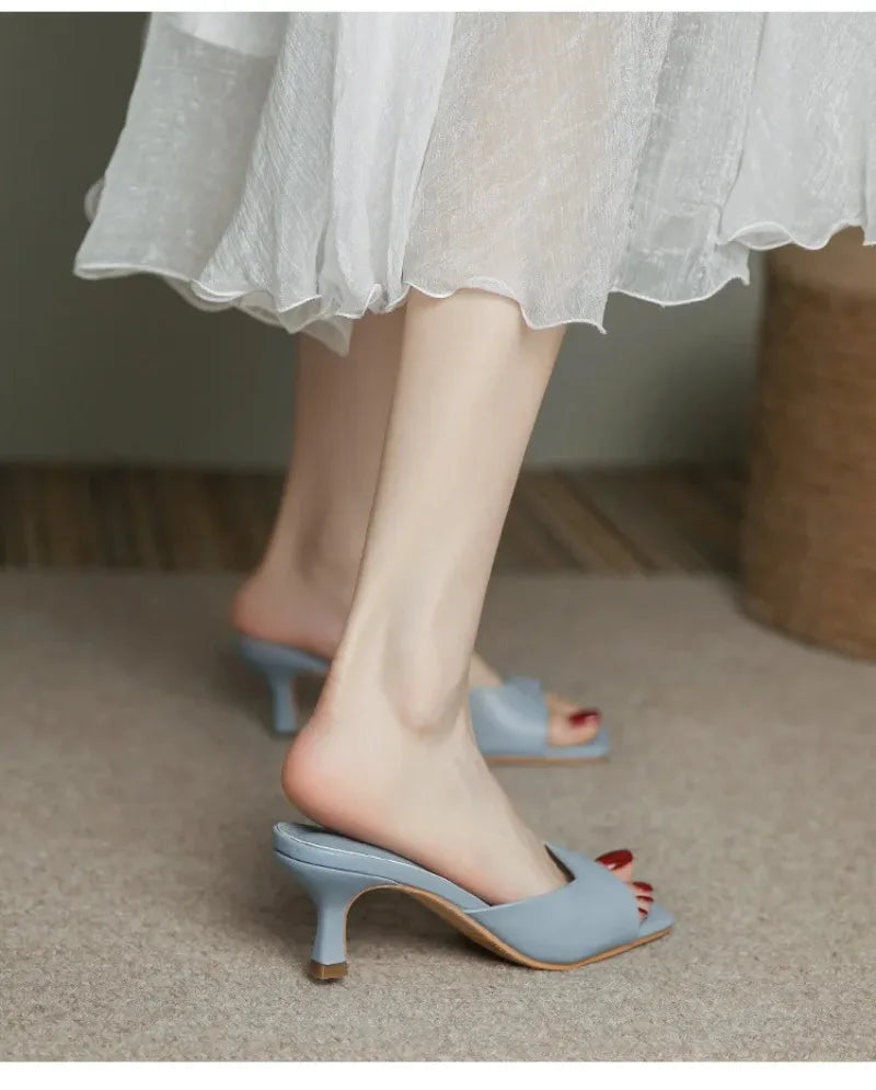 Pantuflas de Tacón Alto para Mujer, Pantuflas de Cuero Vacuno de Lujo, Pantuflas de Moda con Punta Cuadrada, Pantuflas de Tacón Alto con Punta Abierta para Verano