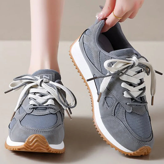 Zapatillas de deporte grises con cordones para Mujer, zapatos deportivos de malla transpirable, zapatos vulcanizados con plantilla suave antideslizante para Otoño e Invierno