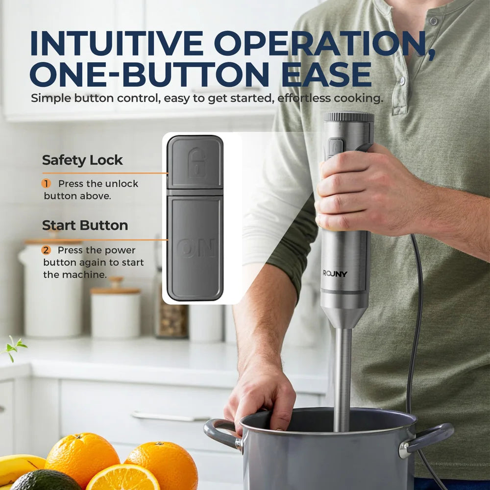 ROUNY Licuadora de inmersión manual 4 en 1 potente de 1000 W, batidora de alimentos con varilla de acero inoxidable, vaso mezclador de 700 ml, procesador de 500 ml, batidor