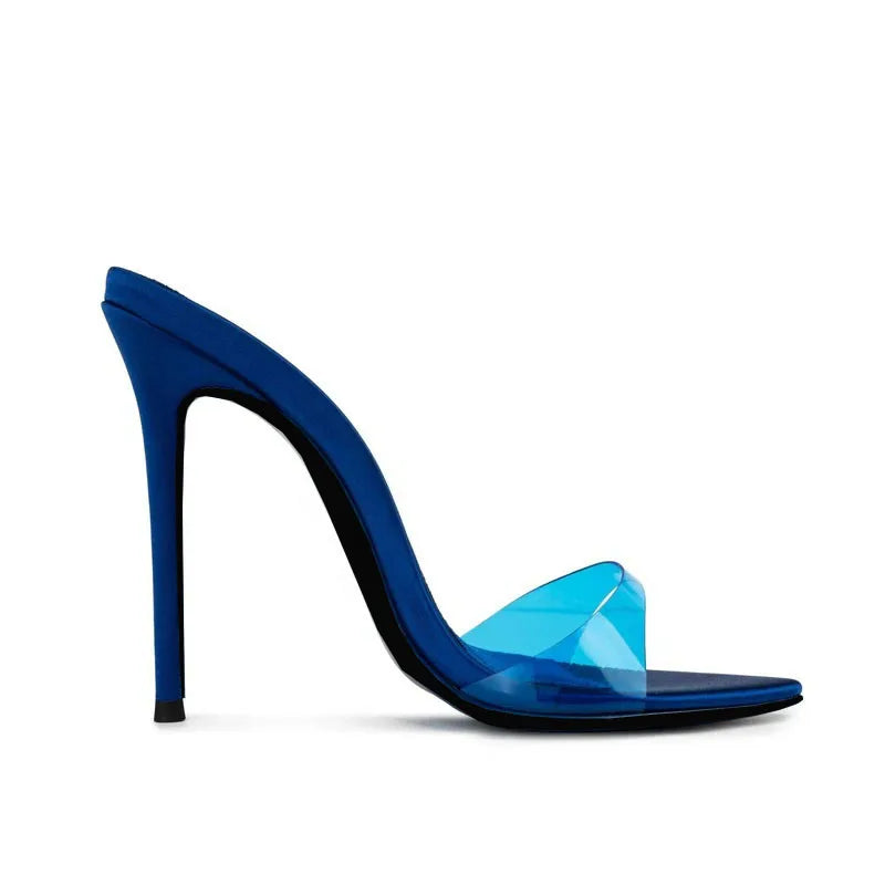 Nuevas sandalias de verano para mujer, multicolor, de PVC, con una sola correa, tacón alto, punta en pico, estilo sexy, fáciles de poner.