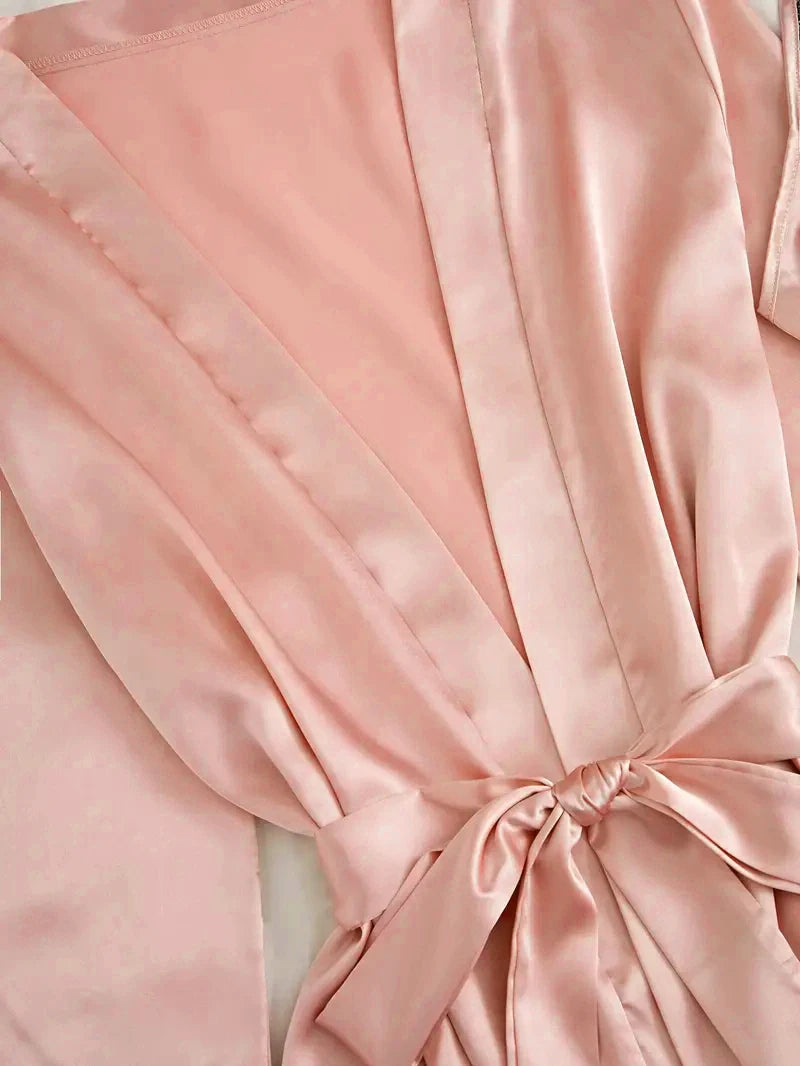Conjunto de pijama de satén para mujer, lencería Sexy rosa, bata de baño de encaje de retazos, vestido de noche de seda, pantalones, ropa de dormir para el hogar