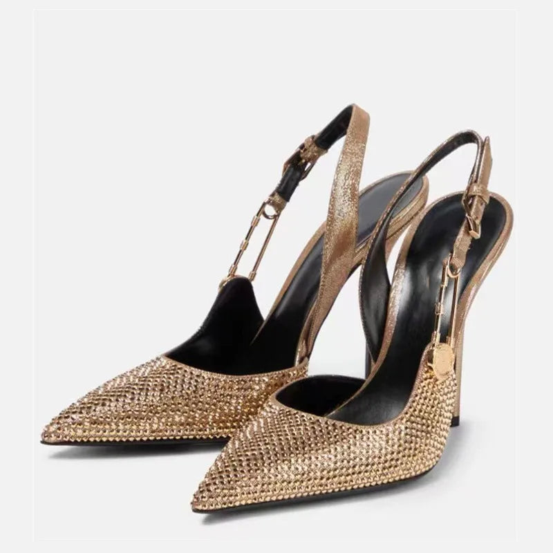 Zapatos de tacón de lujo con hebilla de lentejuelas y diamantes de imitación para mujer, zapatos de tacón alto de aguja con punta estrecha, zapatos de moda para primavera y verano