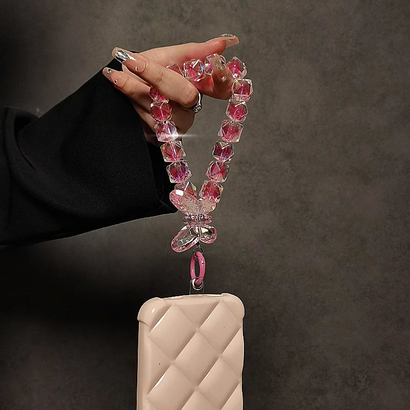 Cordón de lujo para teléfono, lazo acrílico brillante de cristal, dijes para teléfono, cadena corta para muñeca, se puede llevar a mano, colgante de cuentas de cadena