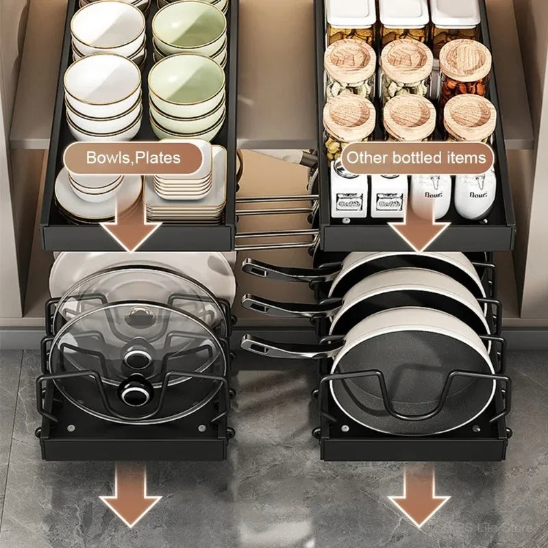 Organizador Multifuncional de Cocina Extraíble para Ollas/Sartenes, Soporte Deslizante para Tapas, Estante para Especias y Escurridor de Platos, Organizador de Cajones