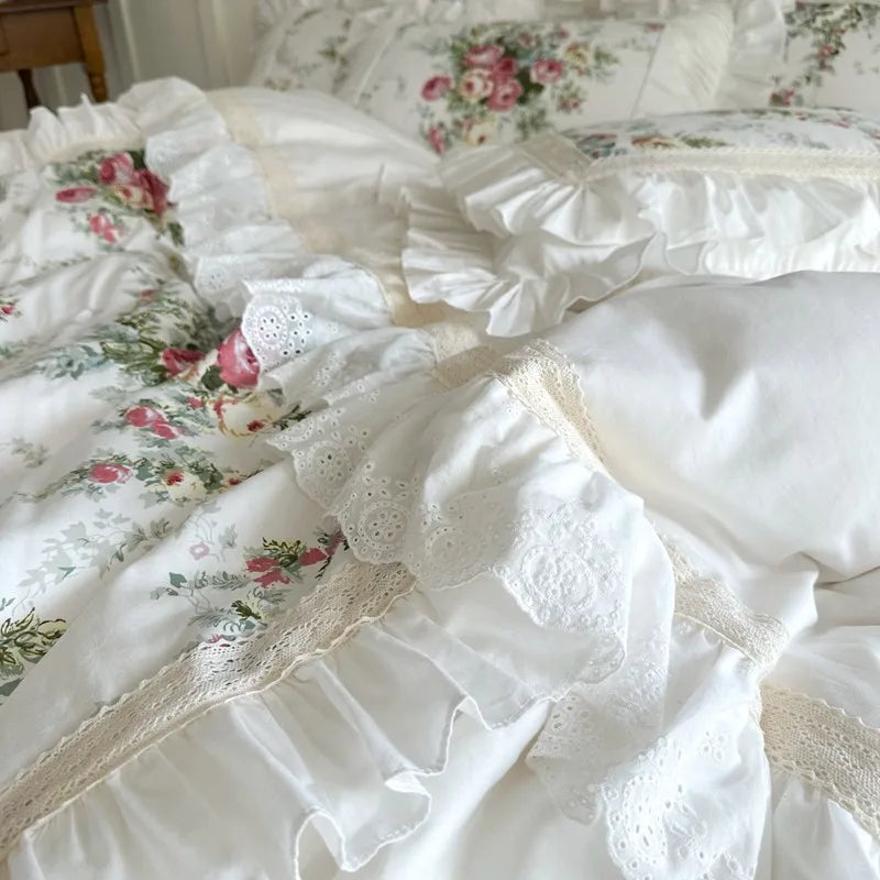 Juego de fundas de edredón con volantes, de 3 piezas ropa de cama, Floral, 100% algodón, blanco, 2 fundas de almohada, US/UK, Super King size