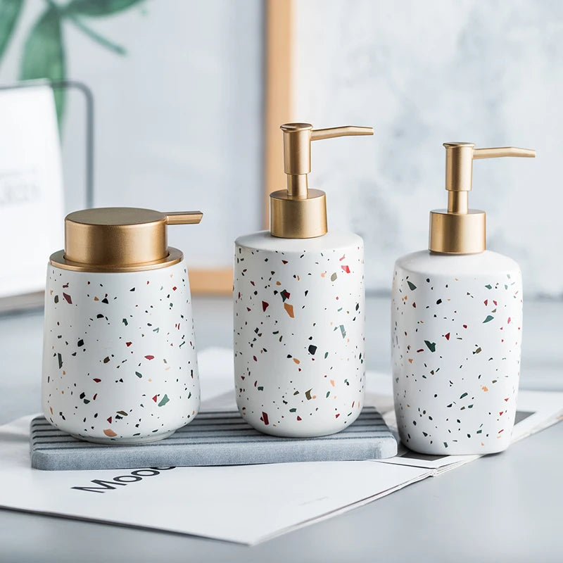 Dispensadores de jabón portátiles de cerámica, botella de líquido para lavar las manos, botella de loción con patrón de terrazo, botella de jabón, dispensadores de jabón para Baño