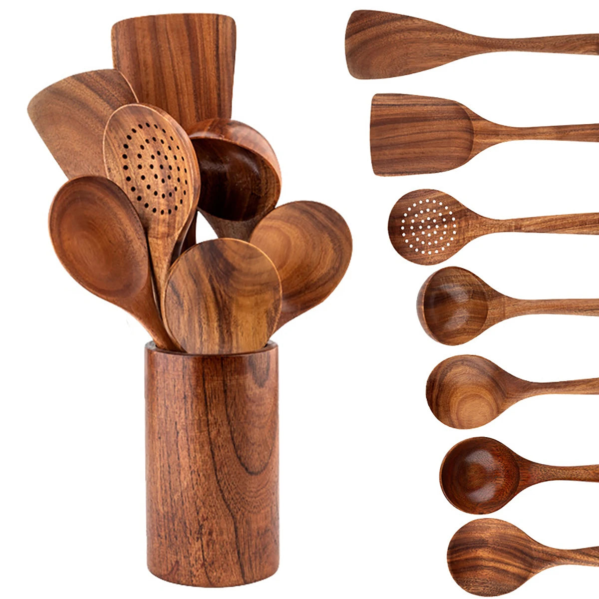 Utensilios de cocina de madera, juego de cuchara y espátula para el hogar, cuchara para ensalada, tenedor, cuchara agitadora, juego de cocina para hornear con cubo de almacenamiento