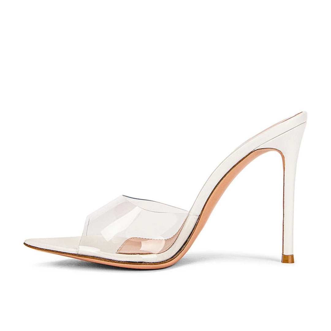 Novedad de verano, zapatillas sexis de moda de PVC transparente de charol puntiagudo, vestido de banquete de tacón alto fino, sandalia de mujer de gran tamaño