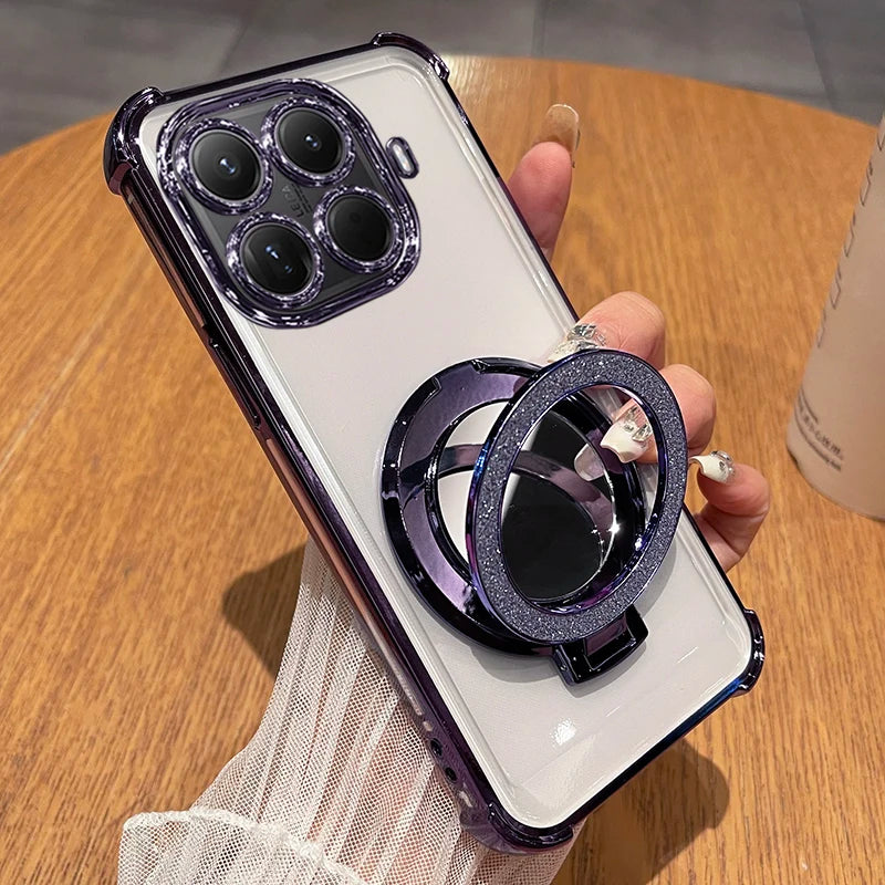 Funda con Soporte Magnético y Espejo Brillante para Xiaomi 15T Pro 17T Pro, Funda Protectora de Silicona Suave con Revestimiento para Xiaomi 17 Max