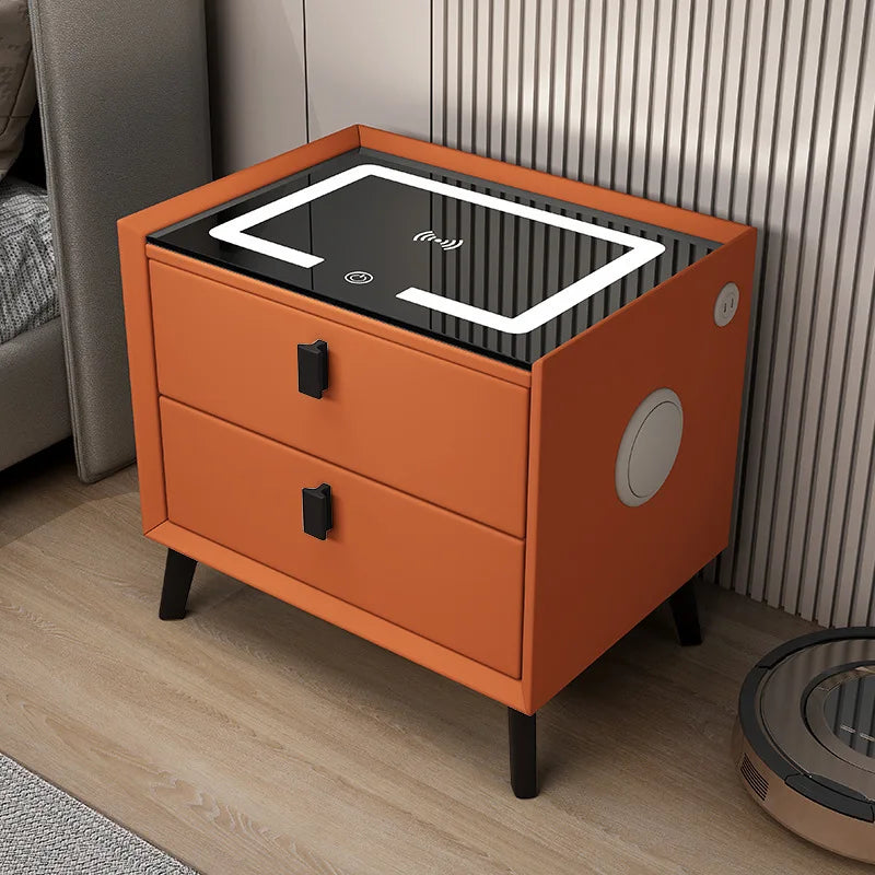 Mesita de noche de madera inteligente con altavoz cargador inalámbrico, mesita de noche minimalista moderna de dos cajones, muebles multifuncionales para el hogar