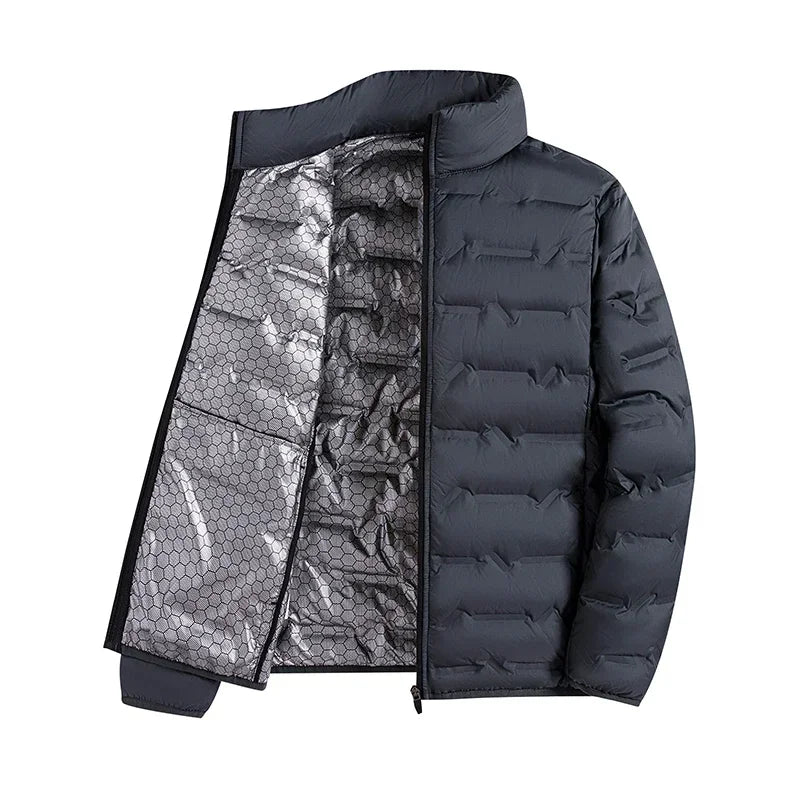 CHUJIE Chaqueta de plumón blanca de invierno para hombre, chaqueta de plumón plisada a prueba de viento con autocalentamiento de grafeno, chaqueta cálida informal con cuello levantado