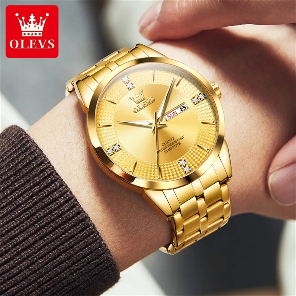 OLEVS 9917 New Mens Watch Original Quartz Watch Diamond Scale Waterproof Luminous Dual Calendar Display Mens Gifts Freebie Reloj
