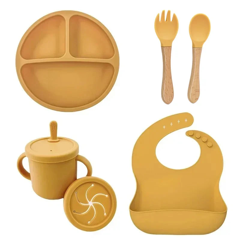 Juego de platos de silicona de grado alimenticio para niños, tazón de alimentación de bebé, plato de succión, taza de paja, cuchara de madera, tenedor, vajilla para niños, platos para niños pequeños