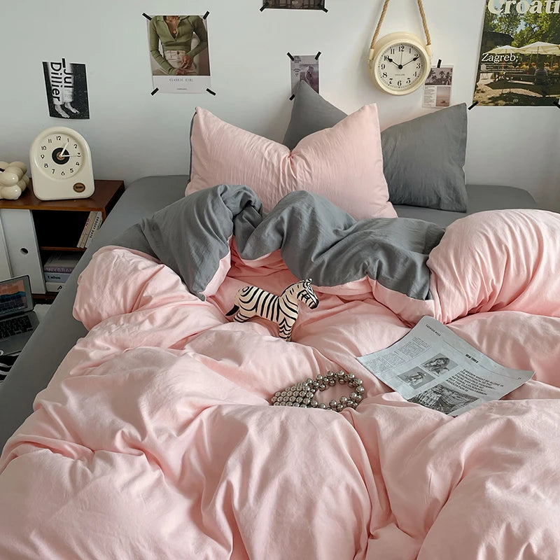 Funda nórdica de poliéster para dormitorio, juego de ropa de cama de 3 piezas, Color liso, rosa y gris, 2 fundas de almohada