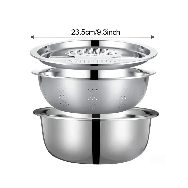 Juego de 3 Utensilios de Cocina de Acero Inoxidable, Tazón para Mezclar Multifuncional, Cortador de Verduras, Pelador de Frutas