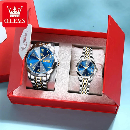 OLEVS 9970 reloj de lujo para parejas, reloj de pulsera con calendario resistente al agua de acero inoxidable para hombres y mujeres, reloj para amantes del espejo con rombos y esfera Digital