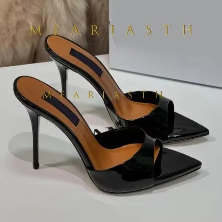 Sandalias de tacón de charol rojo, Sandalias poco profundas sin cordones, tacones sexis sólidos, zapatos de tacón de aguja de verano de 10CM, Sandalias con punta abierta y una correa