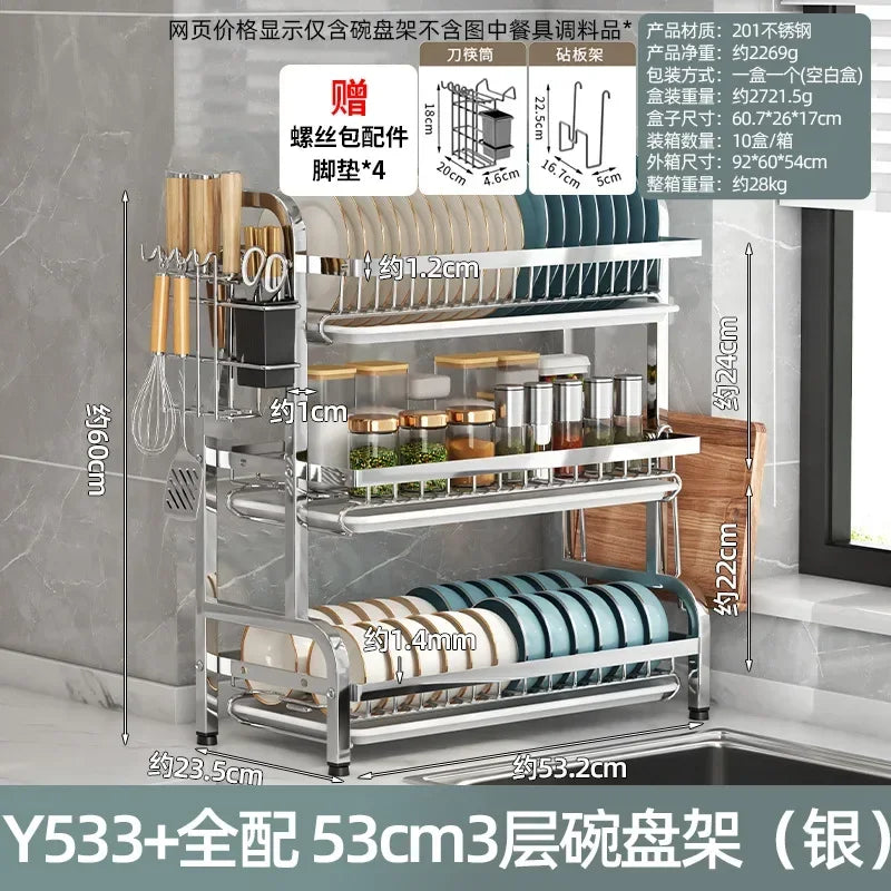 Estante para vajilla de 3 niveles, secado de platos de acero inoxidable 304 con bandeja, soporte de almacenamiento para mostrador de cocina con organizador de tabla de cortar