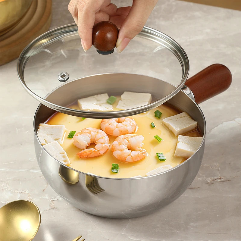 Olla para leche de acero inoxidable con mango de madera, olla compacta para cocinar, adecuada para freír huevos y calentar leche