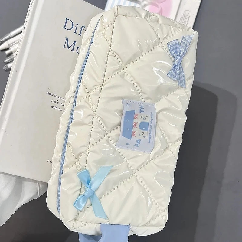 Bolsa de lápices con lazo azul y blanco, bolsa de papelería de gran capacidad, bolsa de almacenamiento de viaje, bolsas de cosméticos para mujer, estuche de lápices con diseño bonito para niñas