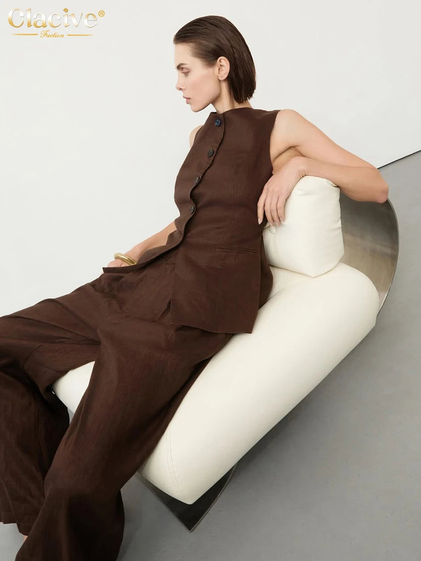 Clacive, conjunto de pantalones de lino marrón ajustados de verano, camiseta sin mangas a la moda para mujer de 2 piezas con pantalones anchos de cintura alta, trajes para mujer