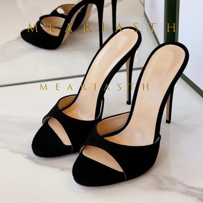 Mulas de cuero de Color caramelo para mujer, zapatos de tacón alto fino con punta abierta y punta abierta, zapatillas modernas sexis para fiesta para primavera y verano