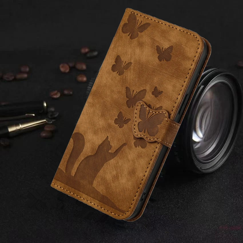 Funda tipo cartera de cuero con diseño de gato y mariposa para iPhone 17, 15, 16, 14, 13, 12, 11 Pro Max, iPhone 15 Plus