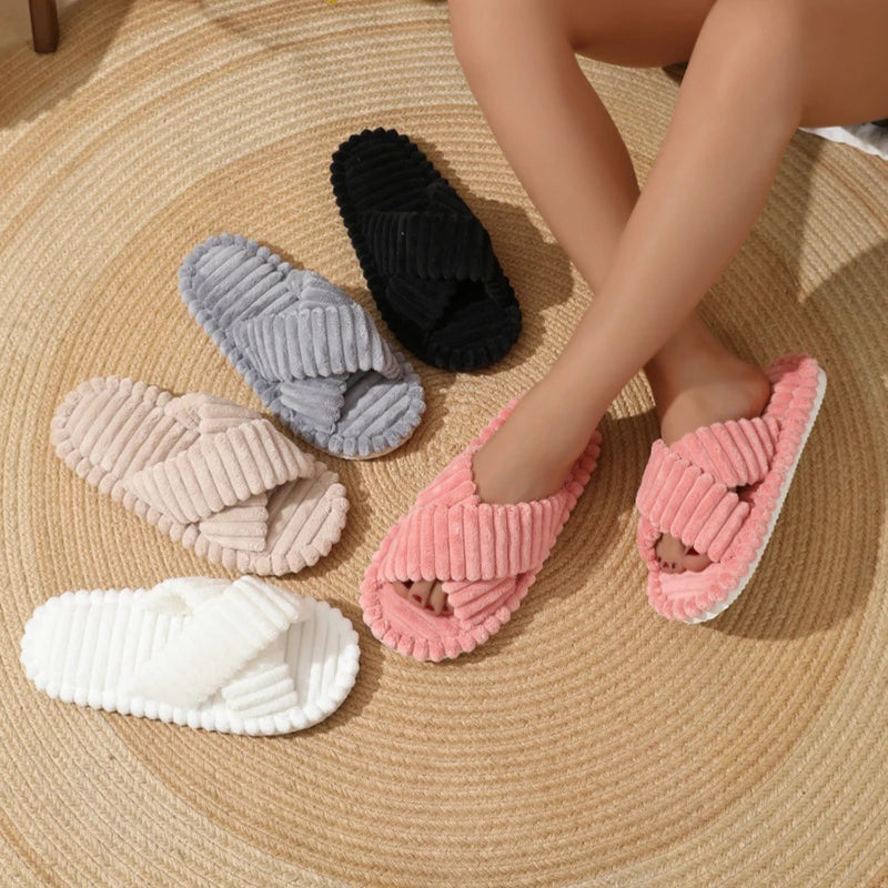 Zapatillas de casa con banda cruzada de pana a la moda para mujer, chanclas de felpa cálidas para primavera y otoño, zapatillas de algodón de suela blanda para interior y dormitorio
