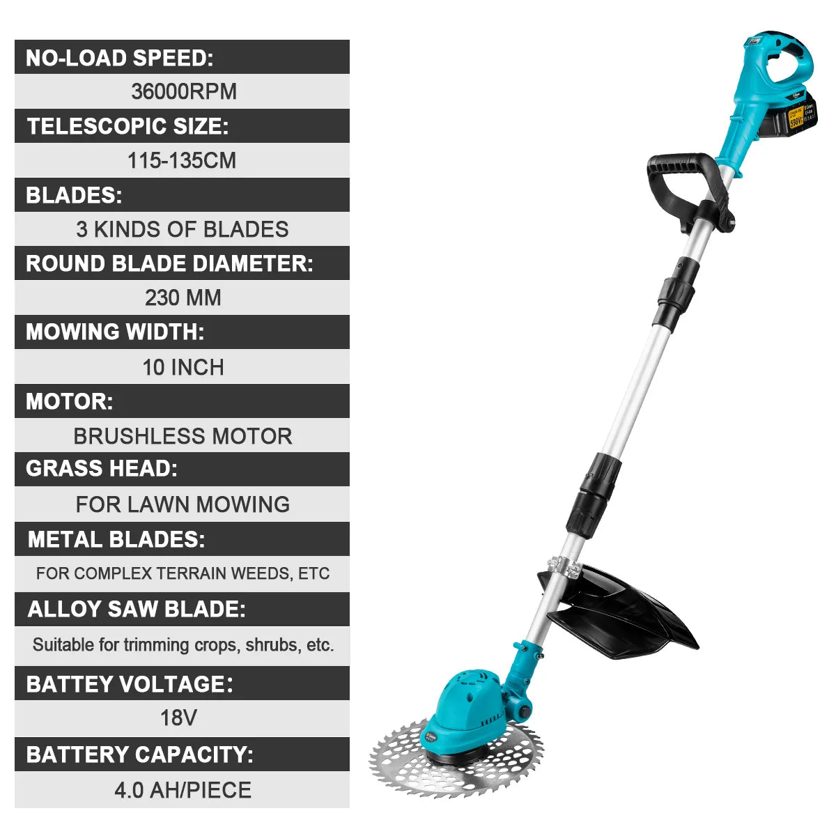 Gismis-cortadora de césped eléctrica sin escobillas, 10 pulgadas, 36000RPM, longitud ajustable, herramienta eléctrica de jardín para Pin de batería Makita de 18V