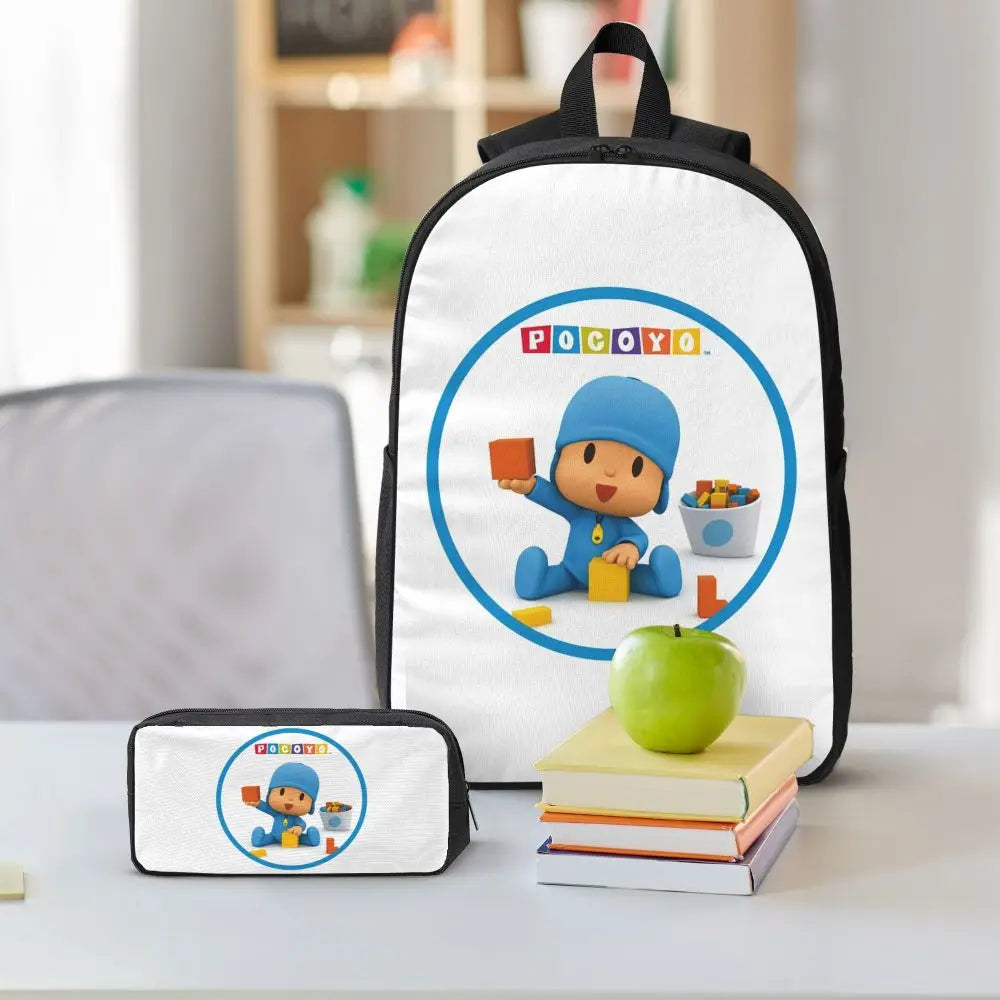 Mochila azul de dibujos animados de Pocoyo para niños, mochila escolar, bolsos de hombro para ordenador, bolsa de almuerzo aislada de 3 piezas, estuche para lápices
