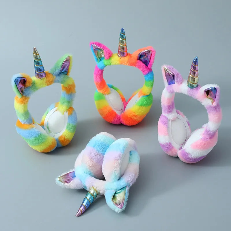 Orejeras de peluche de unicornio arcoíris, plegables, cálidas y portátiles, estilo femenino y lindo, orejeras a prueba de heladas y frío para otoño e invierno, regalo navideño