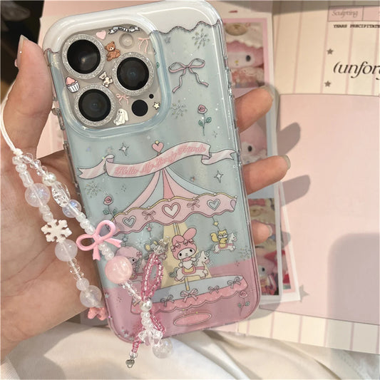Funda de teléfono Kawaii carrusel Melody Bow para iPhone 16 Pro 15 14 Pro Max, funda con correa de cadena de mano, fundas bonitas a prueba de golpes