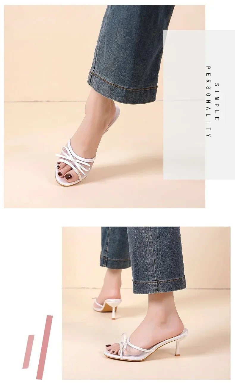 Sandalias de verano para mujer, tacones altos elegantes a la moda, zapatillas con punta abierta y nudo de mariposa de alta calidad, zapatos de tacón de diseñador de marca para mujer