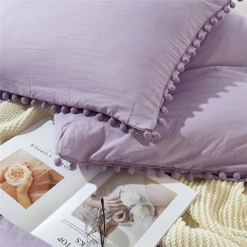 Funda de edredón suave y lavada, Juego de 3 piezas, funda de almohada, juego de ropa de cama para Twin, Full, Queen, King Size, decoración de pompones