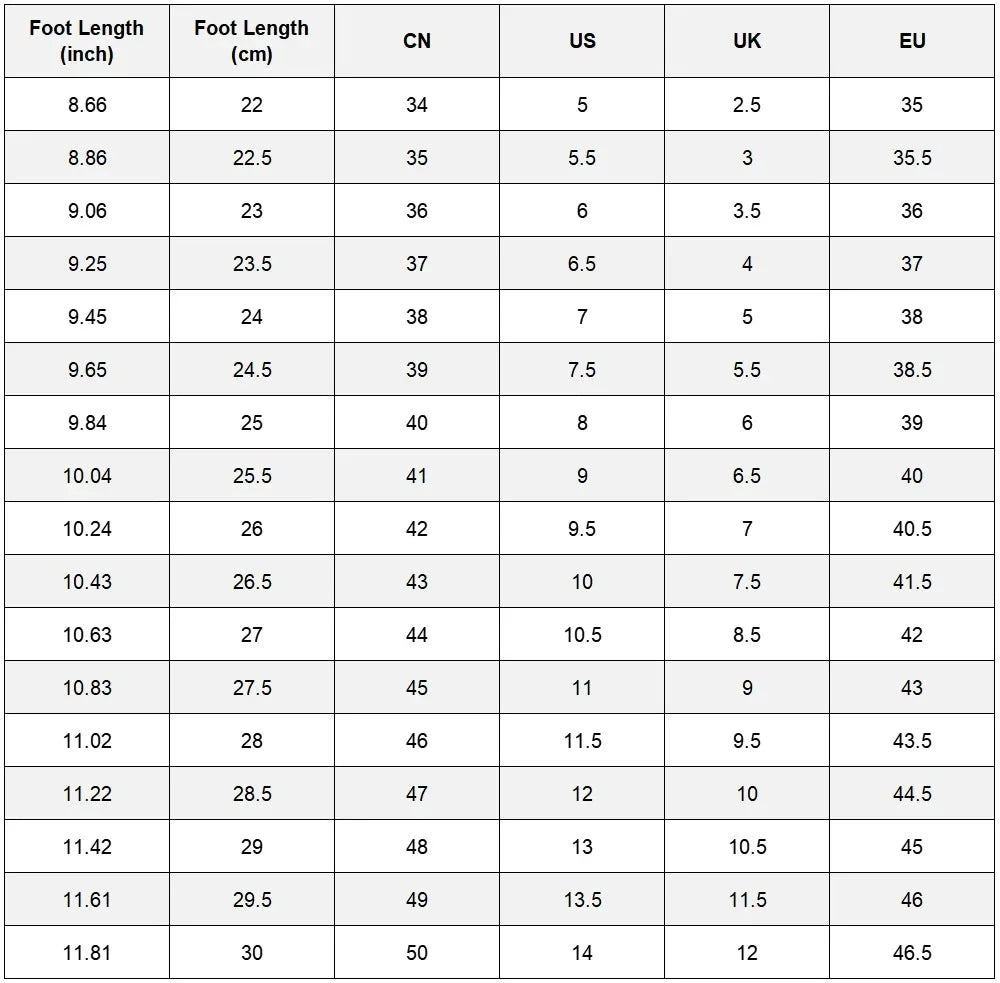Vivodeco women's shoe size chart showing foot lengths in inches and centimeters with corresponding CN, US, UK, and EU sizes from 34 to 50