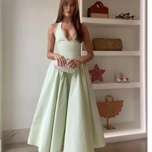 YENKYE-vestido Sexy con espalda descubierta para mujer, vestido verde elegante con cuello Halter, cintura baja, corte en A, Midi, vestidos de fiesta de noche de verano, bata de algodón