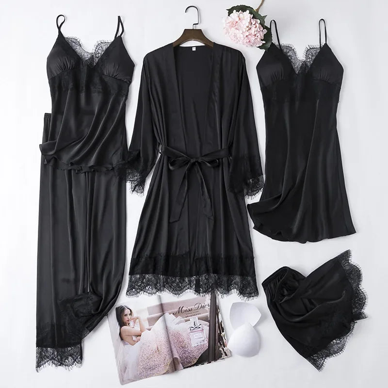 Conjunto de pijama de seda blanca para mujer, bata de boda de 5 piezas, camisón Sexy de encaje, ropa de dormir, Kimono, albornoz, lencería