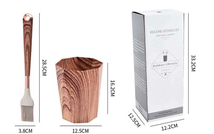 LMETJMA Juego de utensilios de cocina de silicona, 10 Uds., utensilio de cocina con soporte para utensilios, asas de patrón de madera, utensilios de cocina antiadherentes JT264