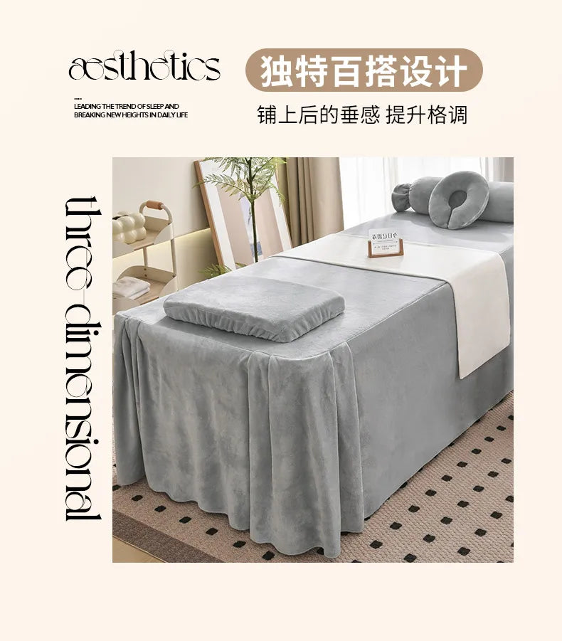 Juego de cama gruesa de terciopelo de leche para salón de belleza, falda de cama de Spa para masaje, funda de almohada, funda de taburete y funda nórdica, Sábana de salón para Club, 4 Uds.