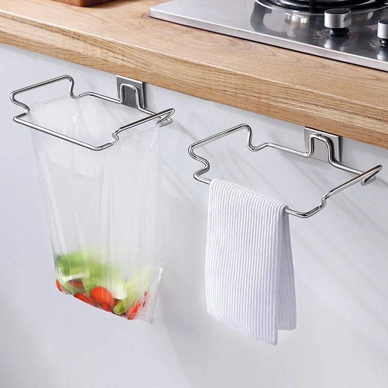 Estante de Cocina de Acero Inoxidable Sin Perforaciones con Soporte Colgante, Estante para Puerta de Armario con Almacenamiento para Paños y Bolsas de Basura
