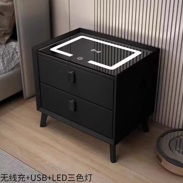Mesita de noche de madera inteligente con altavoz cargador inalámbrico, mesita de noche minimalista moderna de dos cajones, muebles multifuncionales para el hogar