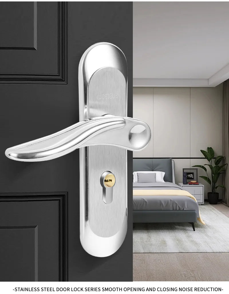 Juego de cerradura de puerta de acero inoxidable 304, manija de palanca de puerta Interior silenciosa para dormitorio, baño, manija de prensa, cerradura para puerta de madera maciza