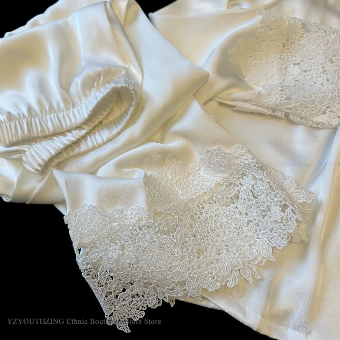 Conjunto de pijamas para mujer, ropa de dormir de satén blanco con encaje, ropa de dormir para novia y boda, regalo para el hogar, traje de pantalón holgado Sexy de manga larga, ropa de descanso
