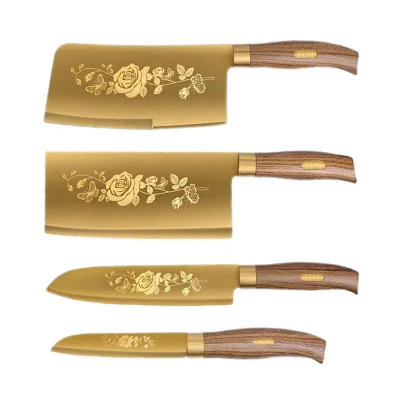 Juego de cuchillos de cocina de lujo dorados, ultra afilados, con hoja de acero inoxidable de primera calidad con revestimiento de titanio y mango de madera para cocinar, 4 piezas