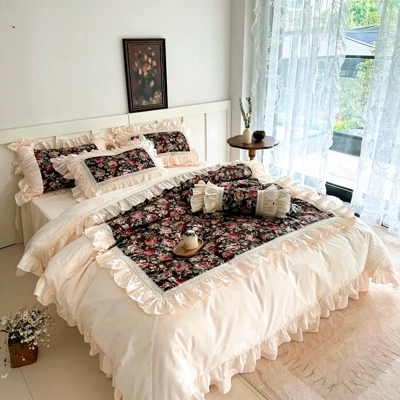 Juego de fundas de edredón con volantes, de 3 piezas ropa de cama, Floral, 100% algodón, blanco, 2 fundas de almohada, US/UK, Super King size