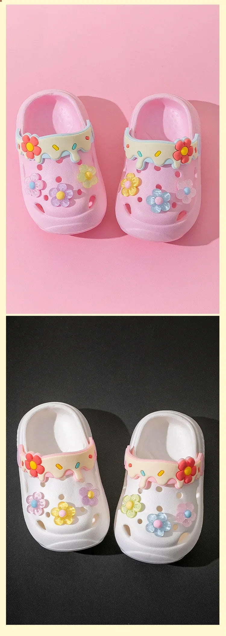 Zapatillas de verano para niños, nuevas sandalias de suela blanda con flores bonitas para bebés, sandalias antideslizantes suaves para interiores para niñas, zapatos con agujeros, zapatos de playa para niños