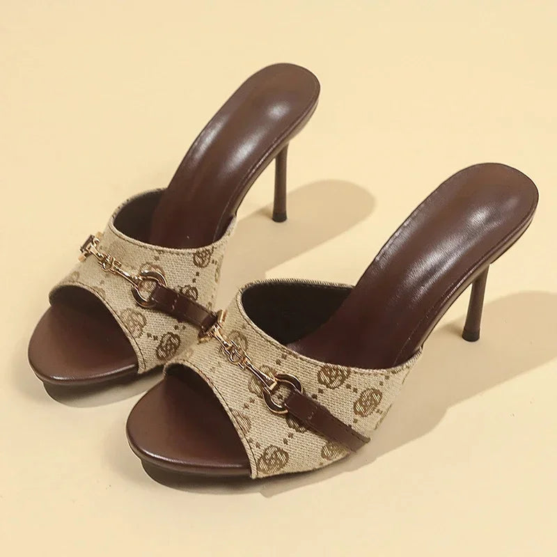 Sandalias de tacón alto para mujer, zapatillas elegantes con hebilla de Metal, Sandalias de tacón fino estampadas, zapatos de fiesta a la moda para mujer 2025