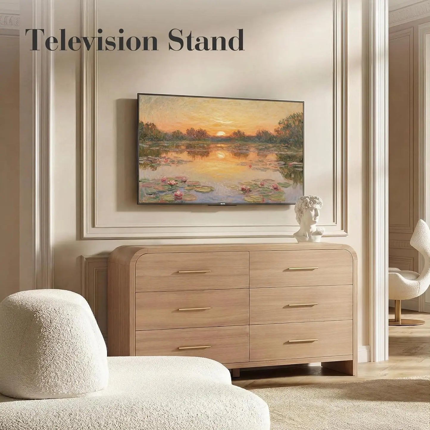 Curved 6-Drawer Dresser 54" Wide Modern Chest Vanity TV Stand Closet Nursery Hallway Oak, Customized