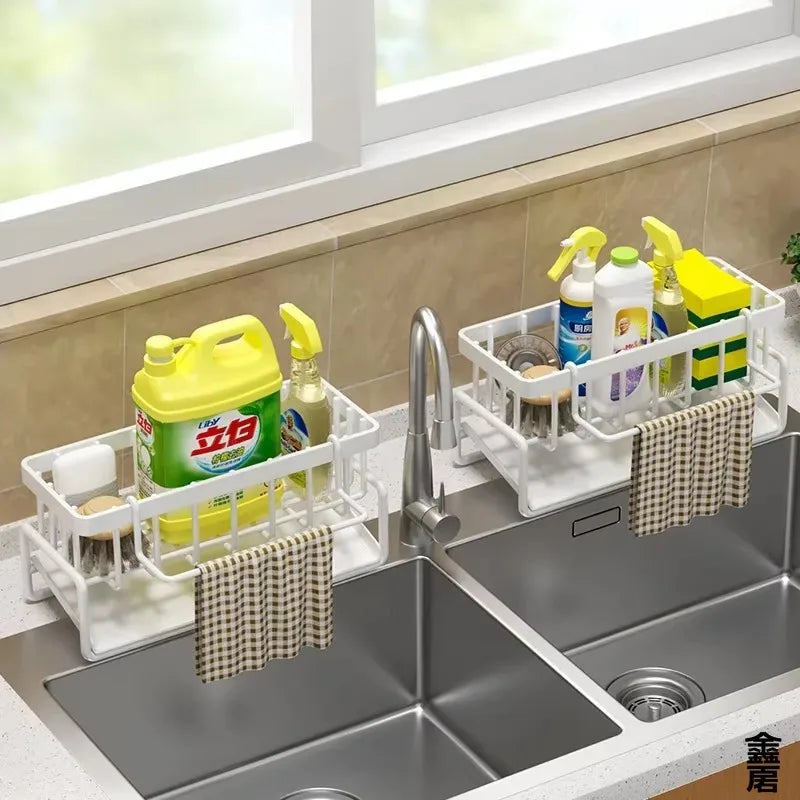 Estante compacto para especias montado en grifo, organizador para fregadero con escurridor, almacenamiento de cocina que ahorra espacio para utensilios/accesorios