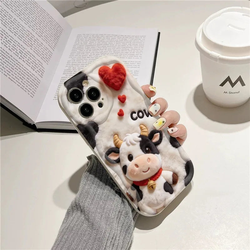 Funda de Teléfono con Diseño de Vaca de Dibujos Animados en Relieve para iPhone 17 16 15 14 13 12 11 Pro Max XS X XR 15 14 Plus 17 Air 16E, Cubierta Suave